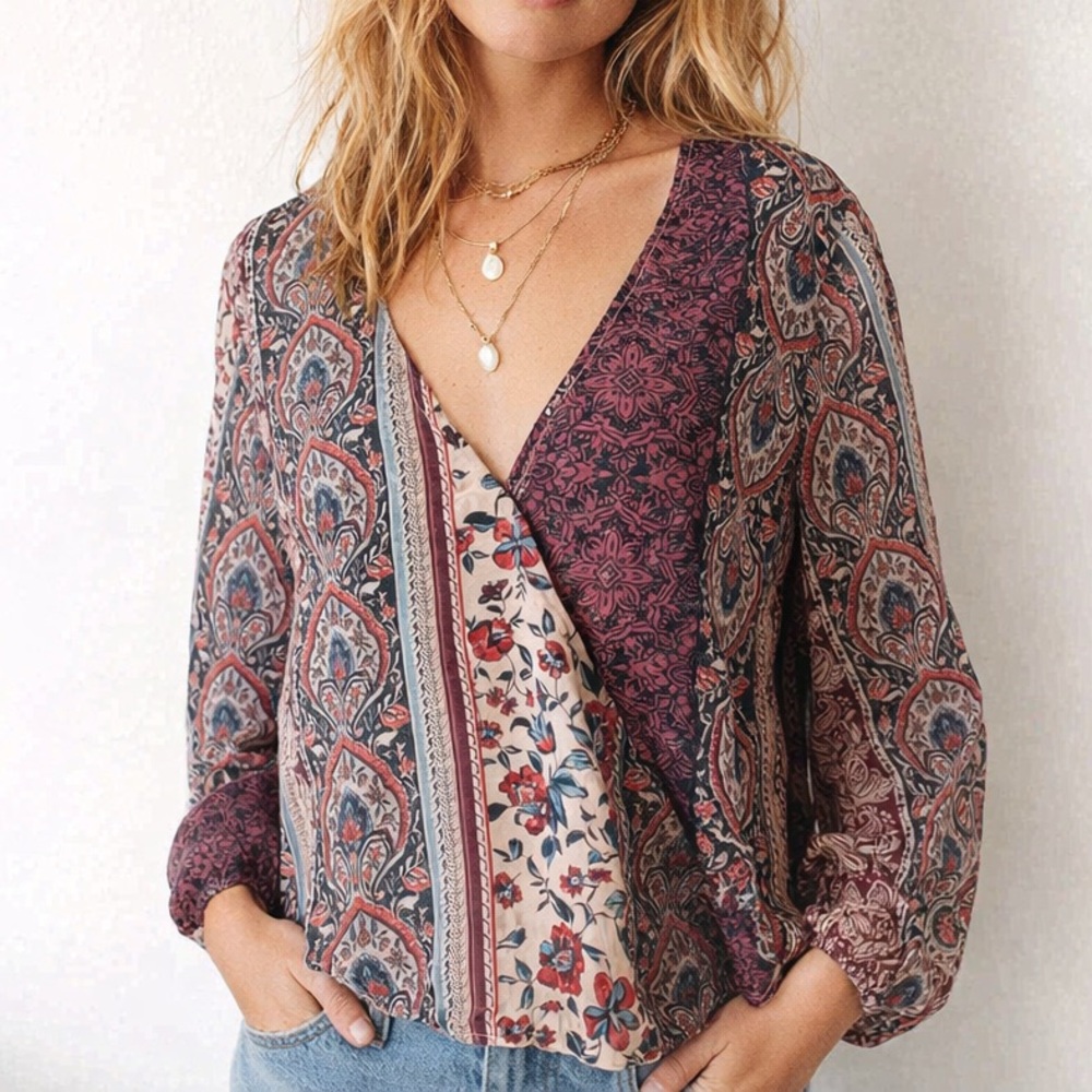 Anthropologie SAGE THE LABEL Botanical Geometric Surplice Boho Patchwork Blouse
